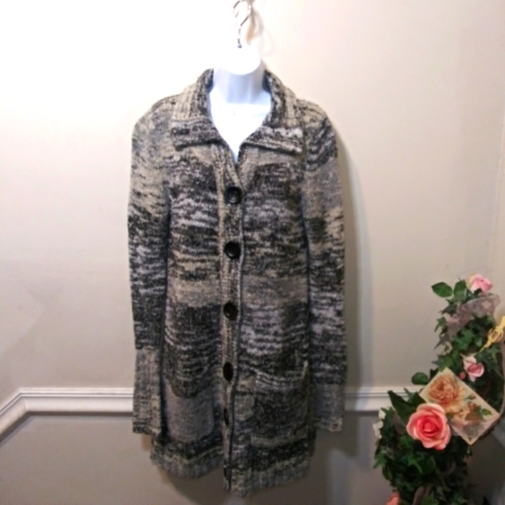 Kensie Long Black, Ivory & Gray Marled Boulce Button Front Sweater Knit Cardigan